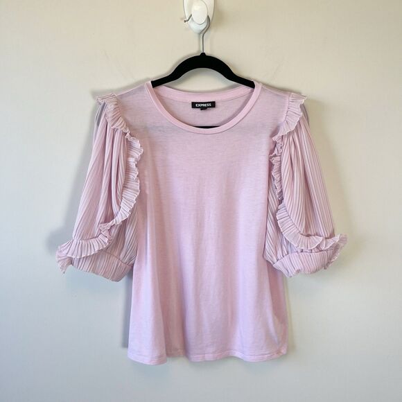 Express Ruffle Chiffon Sleeve Top T-Shirt Pink Feminine Coquette Size Large - Picture 7 of 12